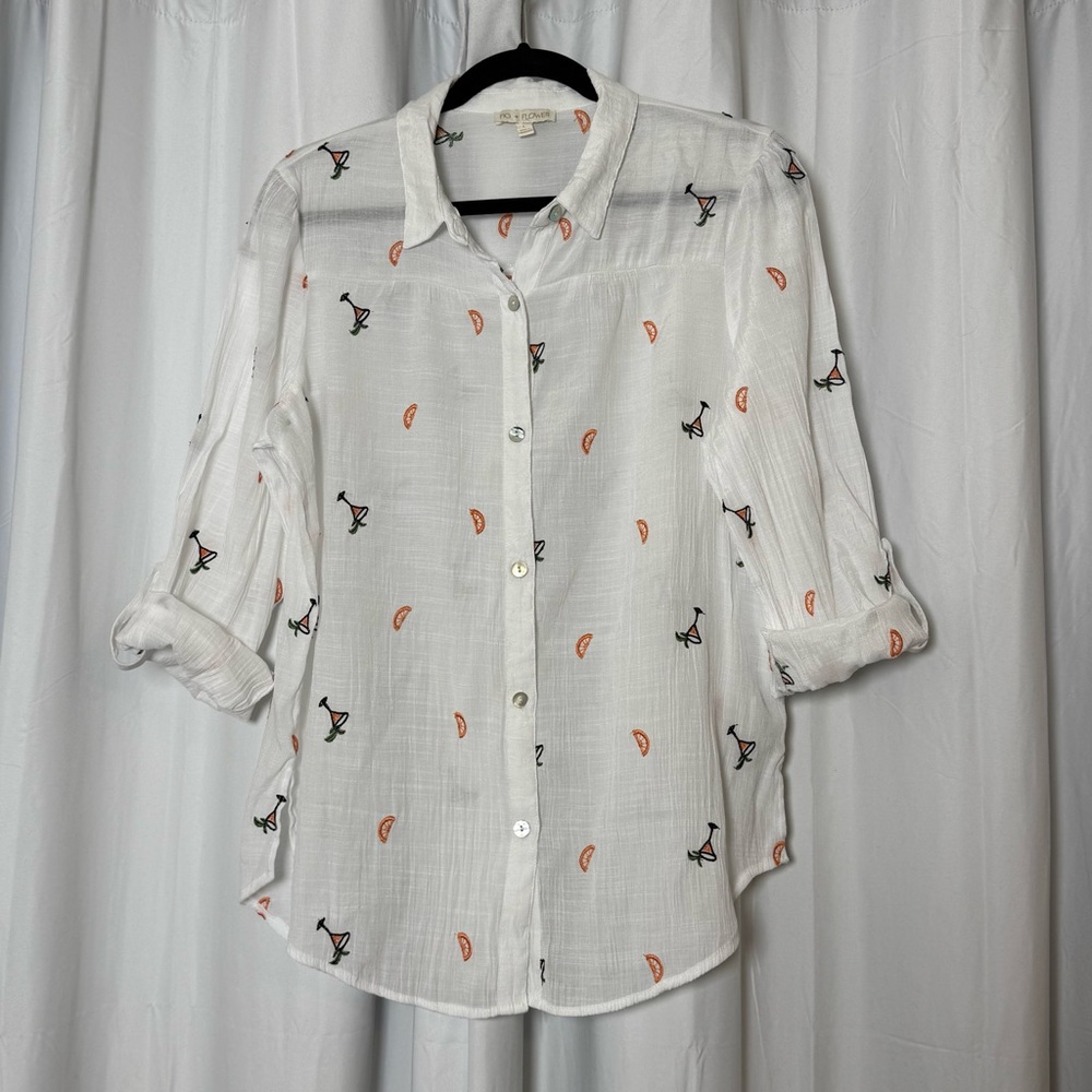 Fig + Flower Novelty Cocktail Embroidered Button Front Shirt Large - Picture 7 of 13